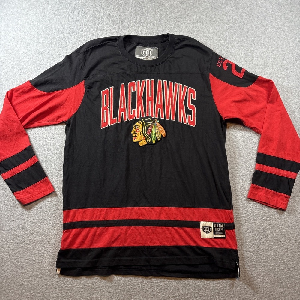 Old Time Hockey Chicago Blackhawks Long Sleeve T Shirt Men's Sz M Heavy Cotton